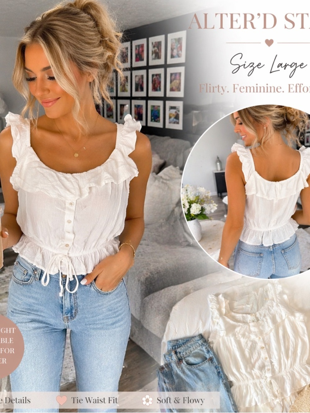 Altar'd State White Ruffle Tie-Waist Camisole Tank Top Size L